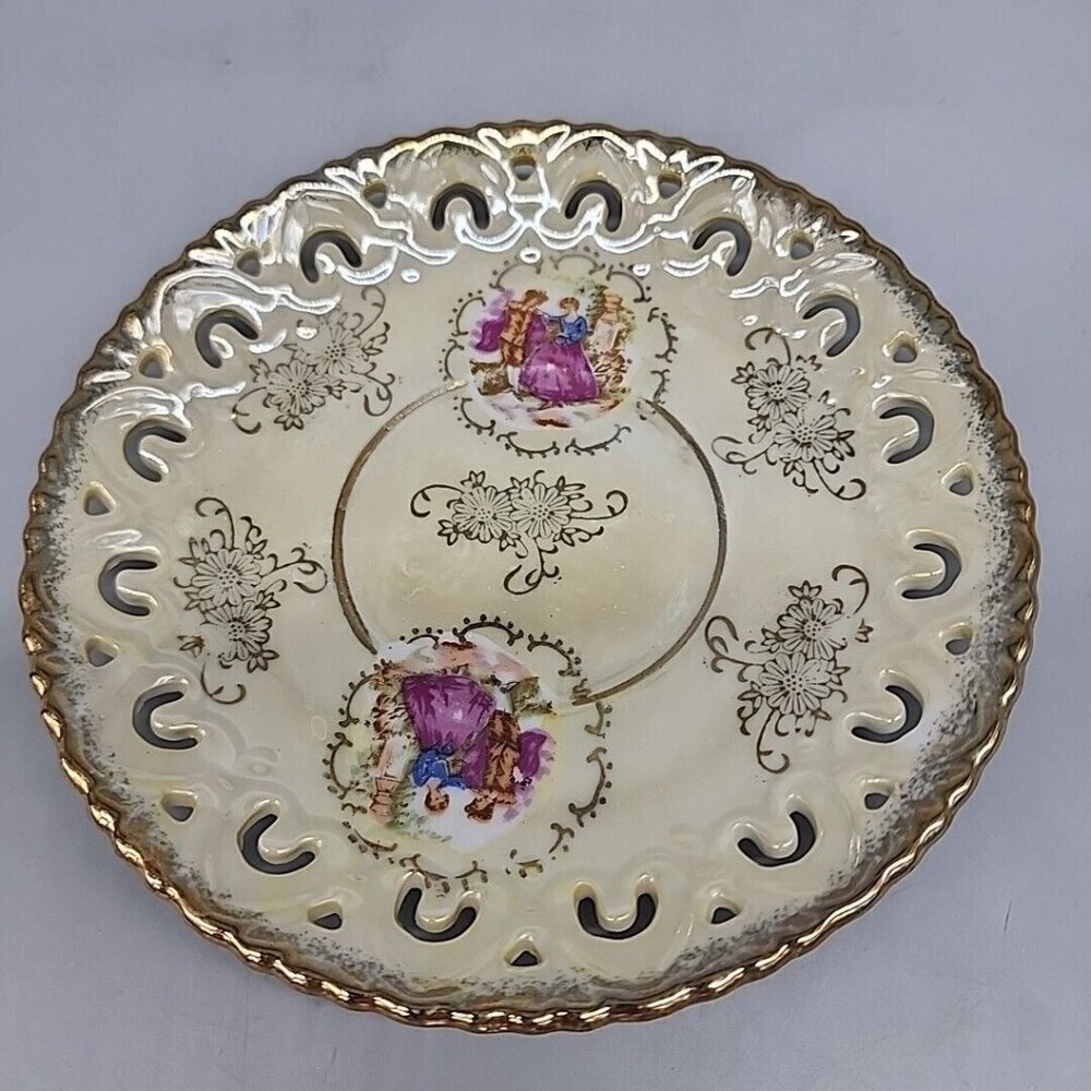 Vintage Enesco Tea Cup & Saucer Set Iridescent Gold Edge Victorian Women - Picture 6 of 8